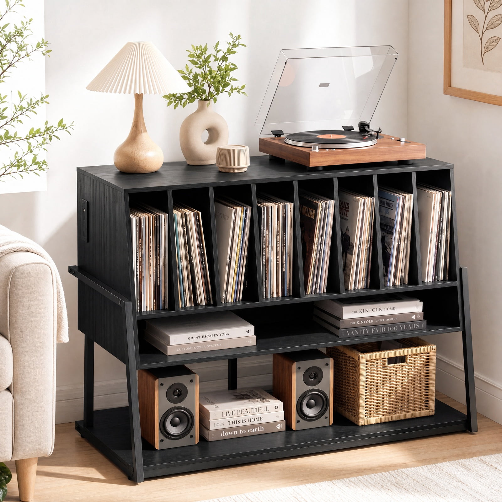 Furnibear Turntable Stand with Charging Station Vinyl Storage Shelves and Locking Wheels for Living Room Record Player Setup, Black