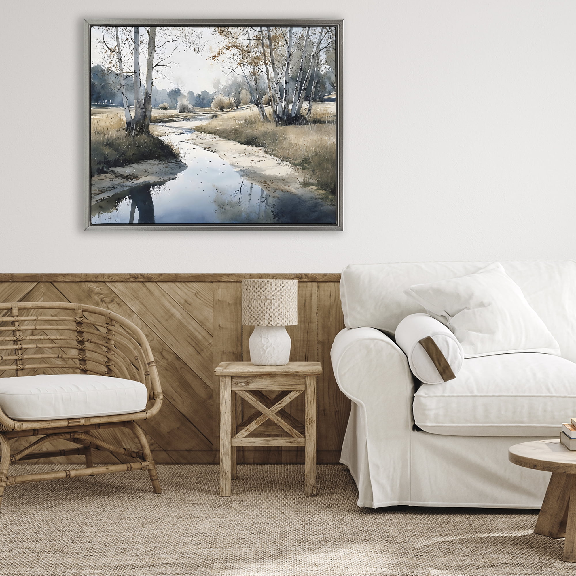 Stupell Industries Birch Tree Creek in Autumn Gray Framed Floater Canvas Wall Art, design by Franklyn Gregory