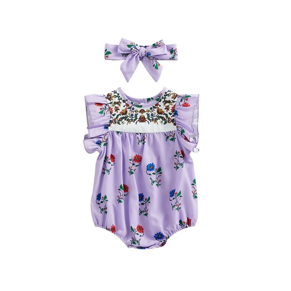 Wassery Infant Baby Girls Romper Floral Print Fly Sleeve Crew Neck Jumpsuits Summer Newborn Bodysuits with Headband 0-18M