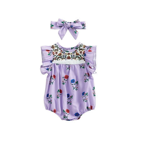 

KelaJuan Infant Baby Girls Romper Floral Print Fly Sleeve Crew Neck Jumpsuits Summer Newborn Bodysuits with Headband