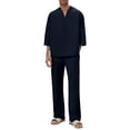 thumbnail image 3 of QATAINLAV Mens Casual 3/4 Sleeve Henley Shirts and Loose Straight Pants 2 Piece Matching Sets Fall Winter Clothes, Navy, XXXL, 3 of 9