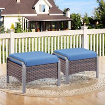POCASSY Wicker Outdoor Ottomans Set of 2, Brown All Weather Woven Wicker Patio Ottoman Footstool for Porch Deck Backyard, Blue
