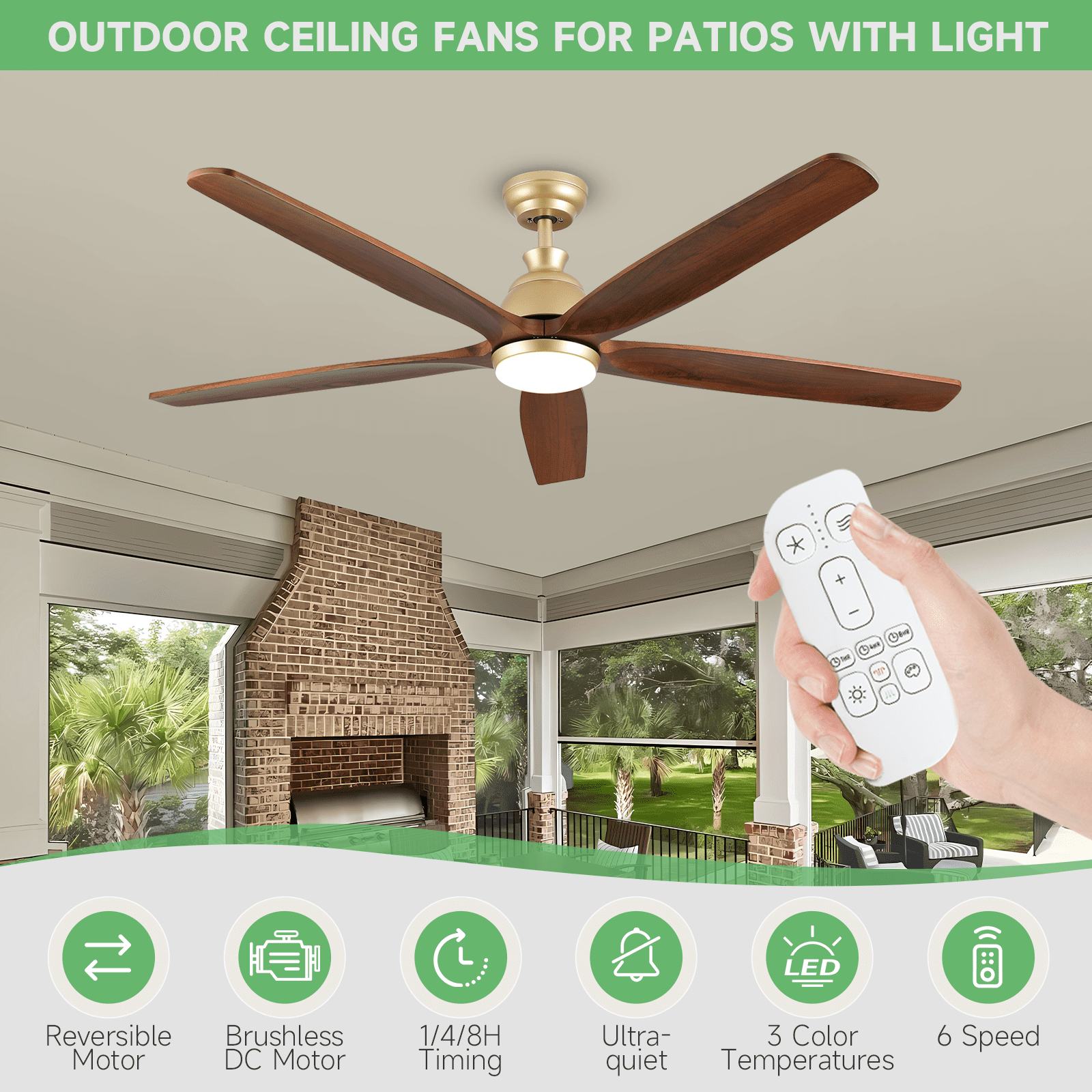 52 inch Gold Ceiling Fan with Light, Solid Wood 5 Blades Modern Farmhouse Large Airflow Brass Ceiling Fan for Indoor Outdoor Bedroom Kitchen Porch