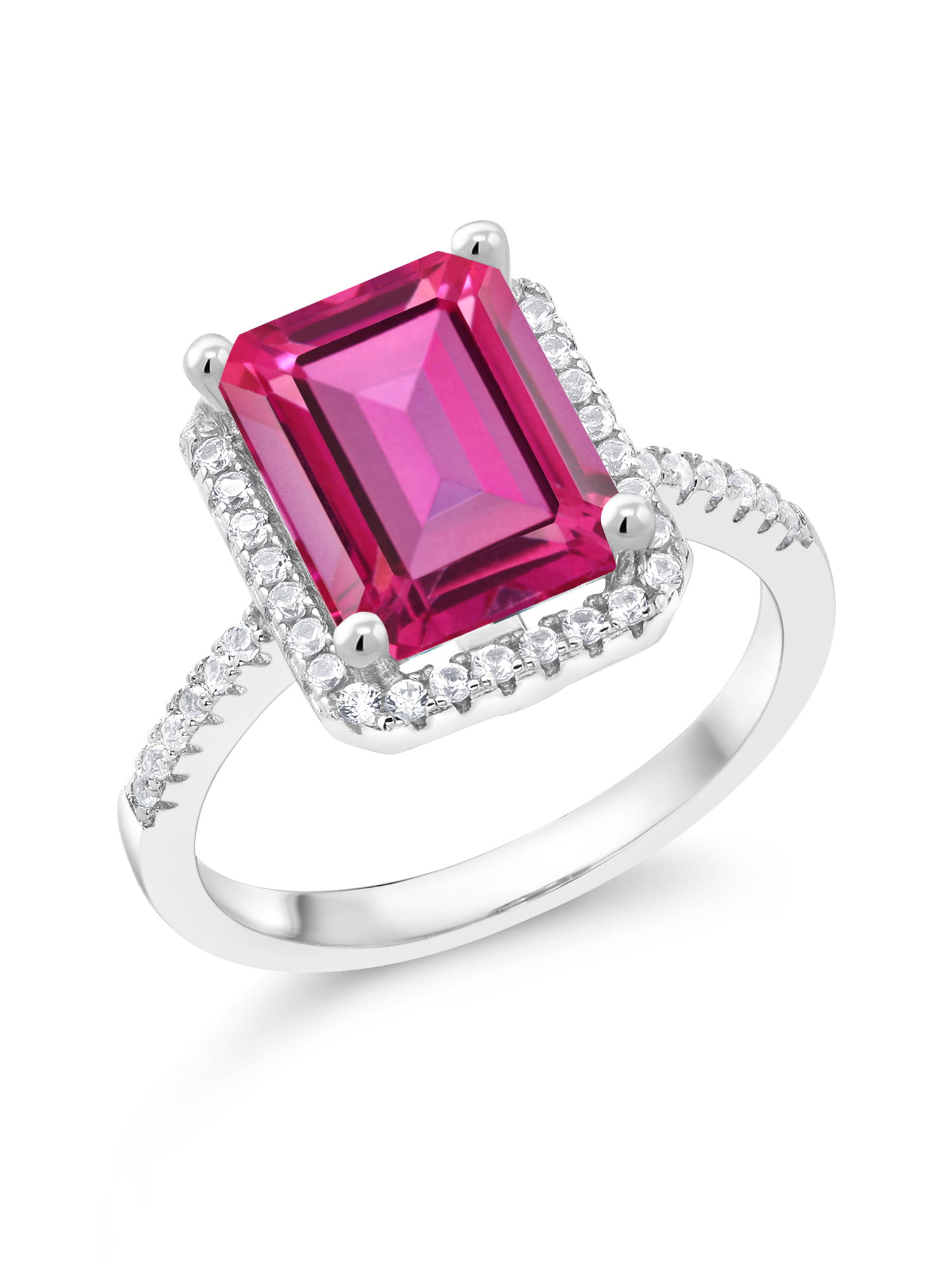 Gem Stone King 4.26 Ct Pure Pink Mystic Topaz White Created Sapphire 925 Sterling Silver Ring 