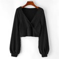 thumbnail image 2 of Crop Tops for Women V Neck Lantern Long Sleeve Knitted Solid Cropped Pullover Sweatshirt Fall Tops, 2 of 2