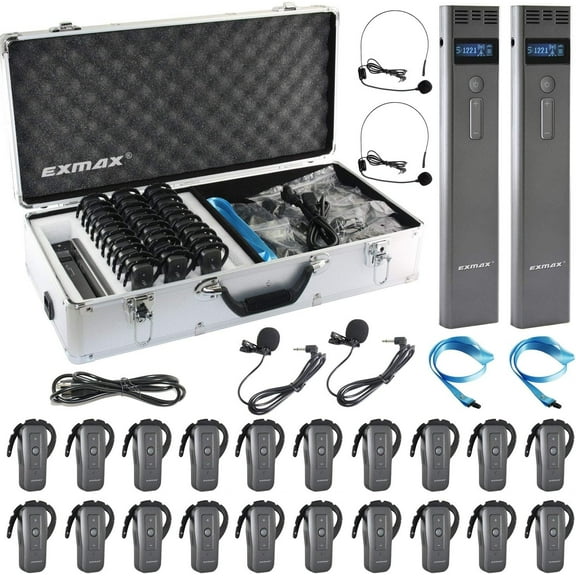 EXMAX EXD-6688 2.4GHZ Wireless Tour Guide System Assistive Listening Equipment Support Two Transmitters Working Simultaneously for Tour Group(2 Transmitters & 20 Receivers with 32-Slot Charging Case)