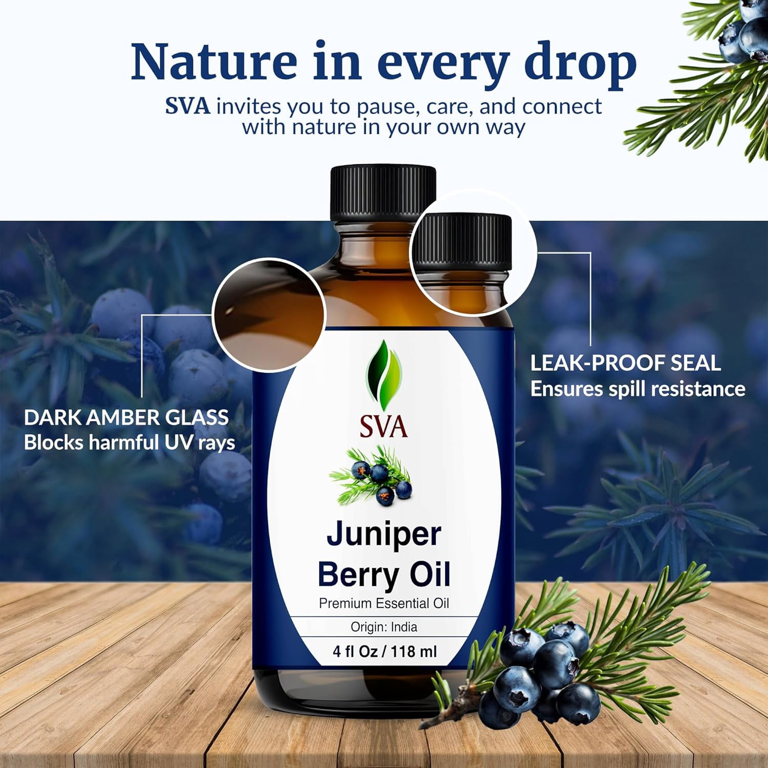 SVA Juniper Berry Essential Oil – 4 Fl Oz – 100% Natural Juniper Oil - for Diffuser, Hair Care, Face, Skin Care, Aromatherapy, Scalp and Body Massage, Soap and Candle Making – with Dropper