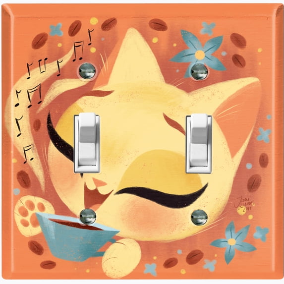 Metal Light Switch Wall Plate Outlet Cover (Coffee Bean Cat Lover Flower Orange - Double Toggle)