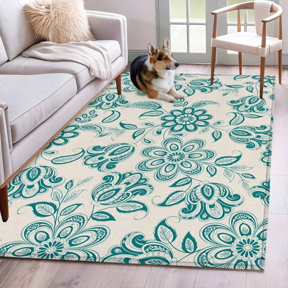 Area Rug for Living Room, Teal Flowers Non-Slip Indoor Large Carpet for Bedroom/Dining Room, Vintage Ethnic Tribe Country Farmhouse Washable Low-Profile Rectangle Floor Mat Runner Rugs - 3 x 5 Ft