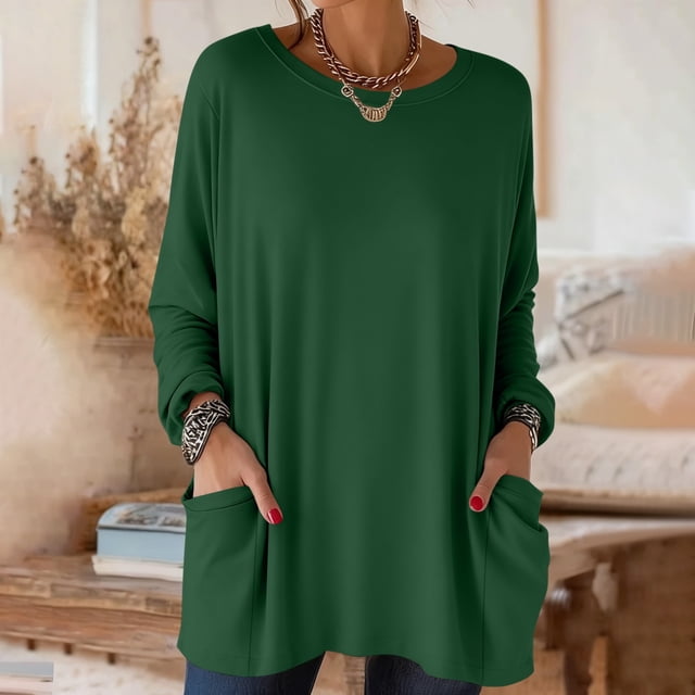 TaTaai Women’s Casual Round Neck Solid Long Sleeve Blouse With Pockets Loose Fit Printless T Shirts Soft Polyester Daily Holiday Travel Top Gift
