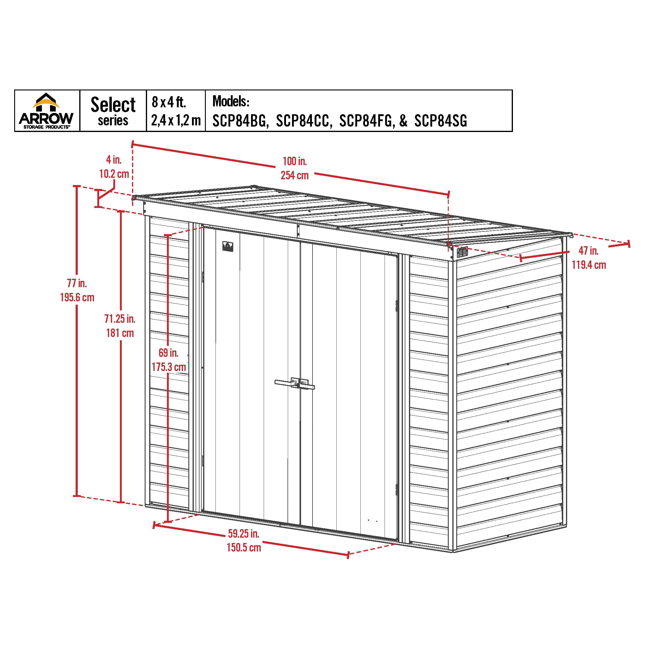 Arrow Select 8 x 4 x 6 ft Charcoal Steel Storage Shed