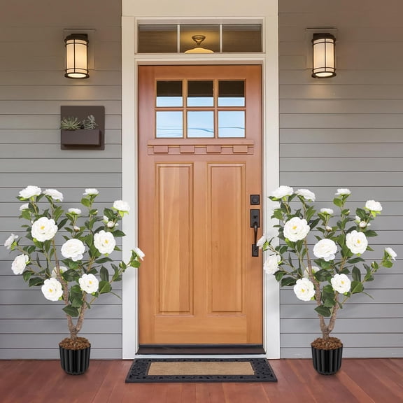 Artificial Camellia Tree for Indoor and Outdoor, Faux Flower Tree Plant in Pot Fake Topiaries for Home Front Porch Decor (2, White)