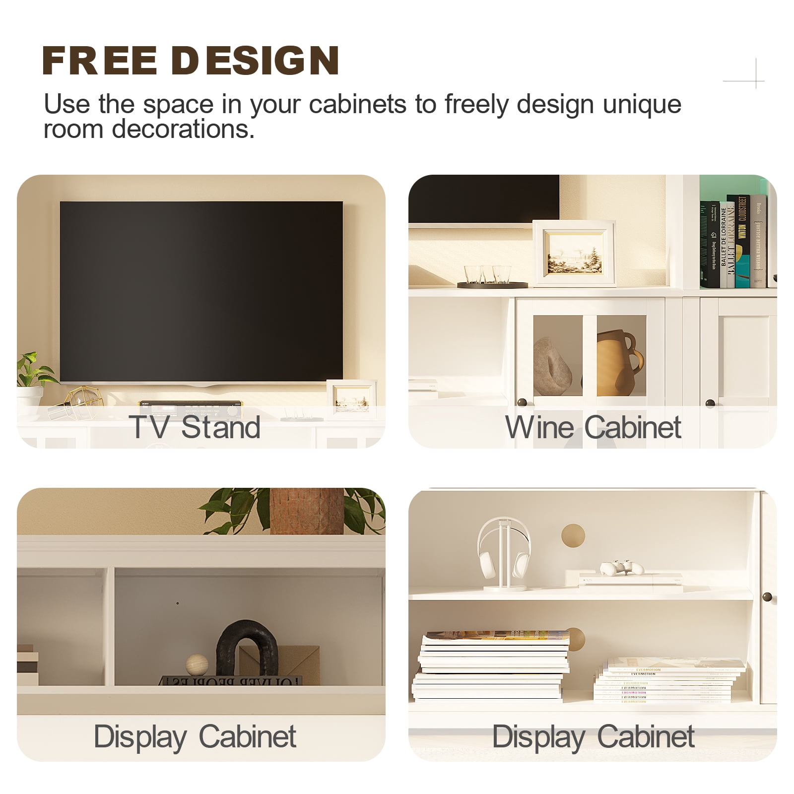 MEISSALIVVE 4 Piece Wall Unit TV Stand with LED Lights, Modern Entertainment Center with Bookshelf, Wine Cabinet, Display Storage, Fits 70" TVs, White