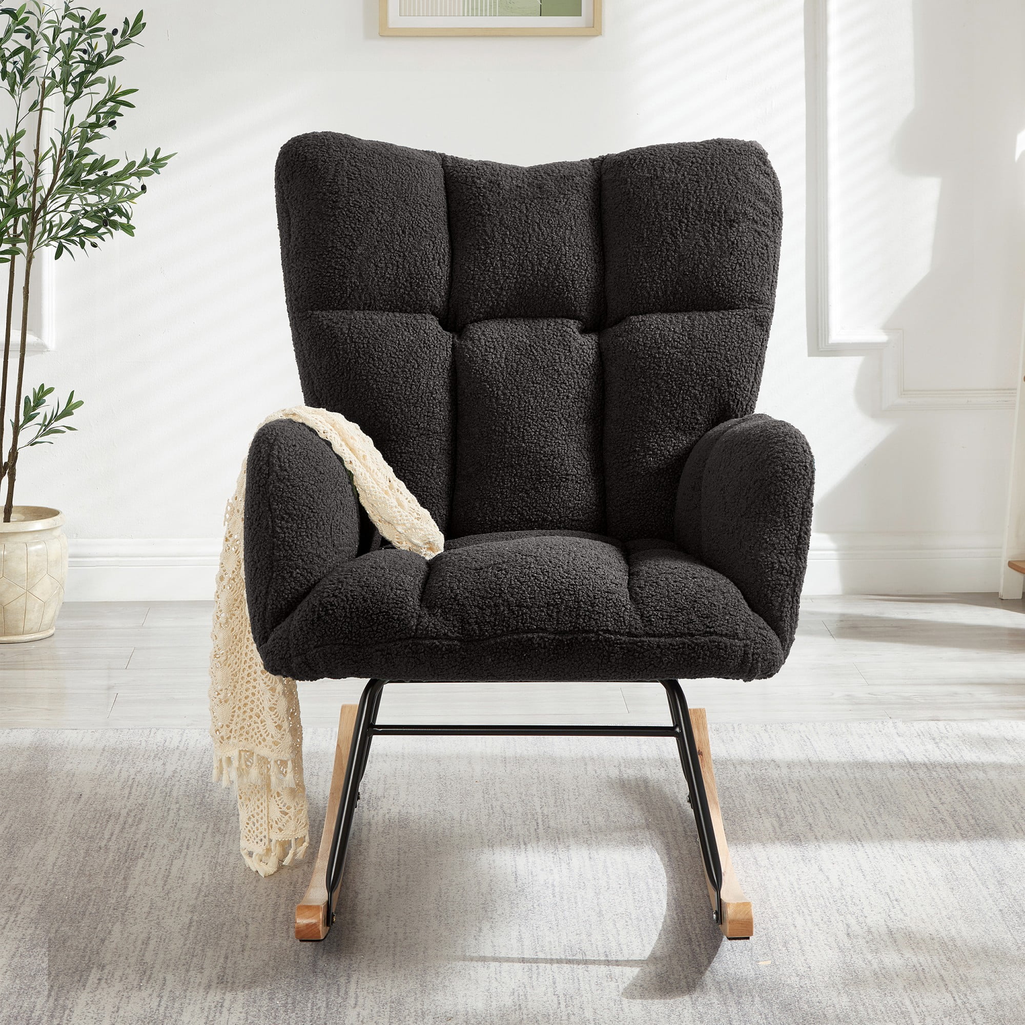 Glider Chair for Living Room Tufted Upholstered Teddy Fabric Rocking Chair with Metal Frame Accent Chair (Gray)