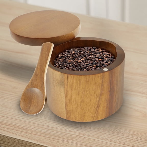 Txkrhwa Round Salt Cellar, Salt Box with Lid, Pepper Spice Seasonings Salt Jar Storage Container, Acacia Wood Salt Bowl with Built in Spoon and Magnetic Swivel Lid