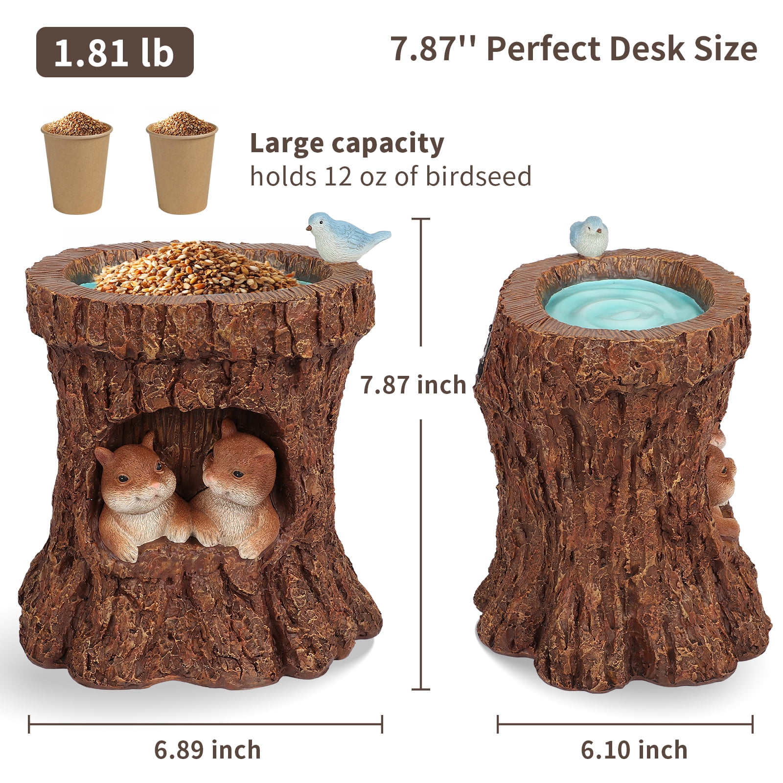 DAK Resin Solar Squirrel Garden Statue with Bird Feeder, LED Lighted Tree Stump Decor,  Waterproof  UV Resistance