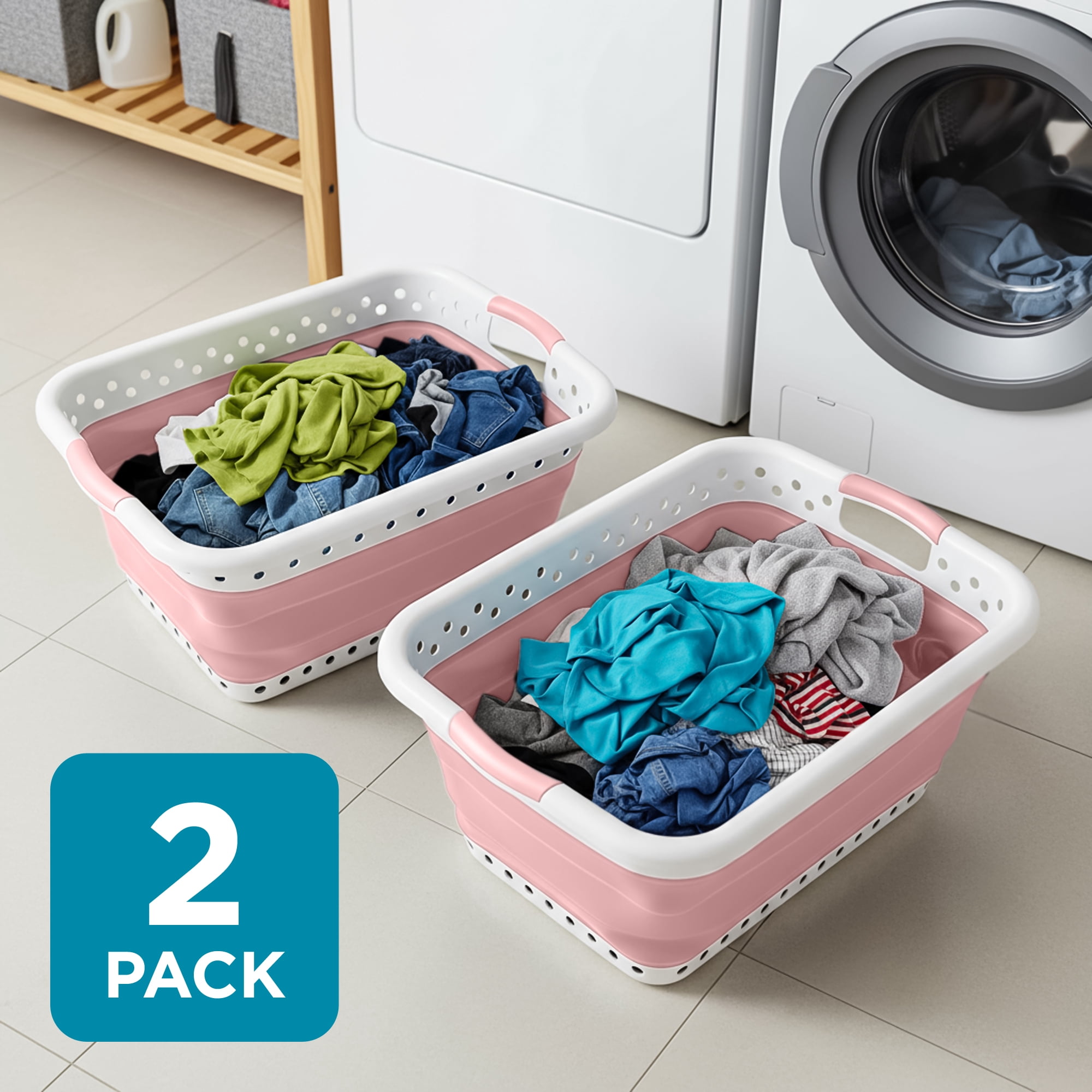 BLACK + DECKER Collapsible Laundry Basket with Handles, Space-Saving Design, Pink, 2-Pack