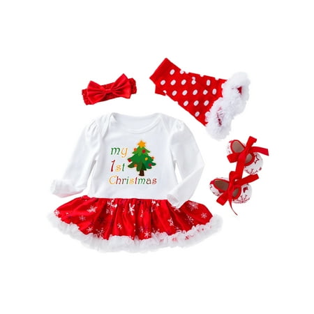 

Capreze Newborn 4 Pieces Outfits Crew Neck Jumpsuit Dress Xmas Christmas Dresses Set Striped Long Sleeve Style A 80cm (12-24M)