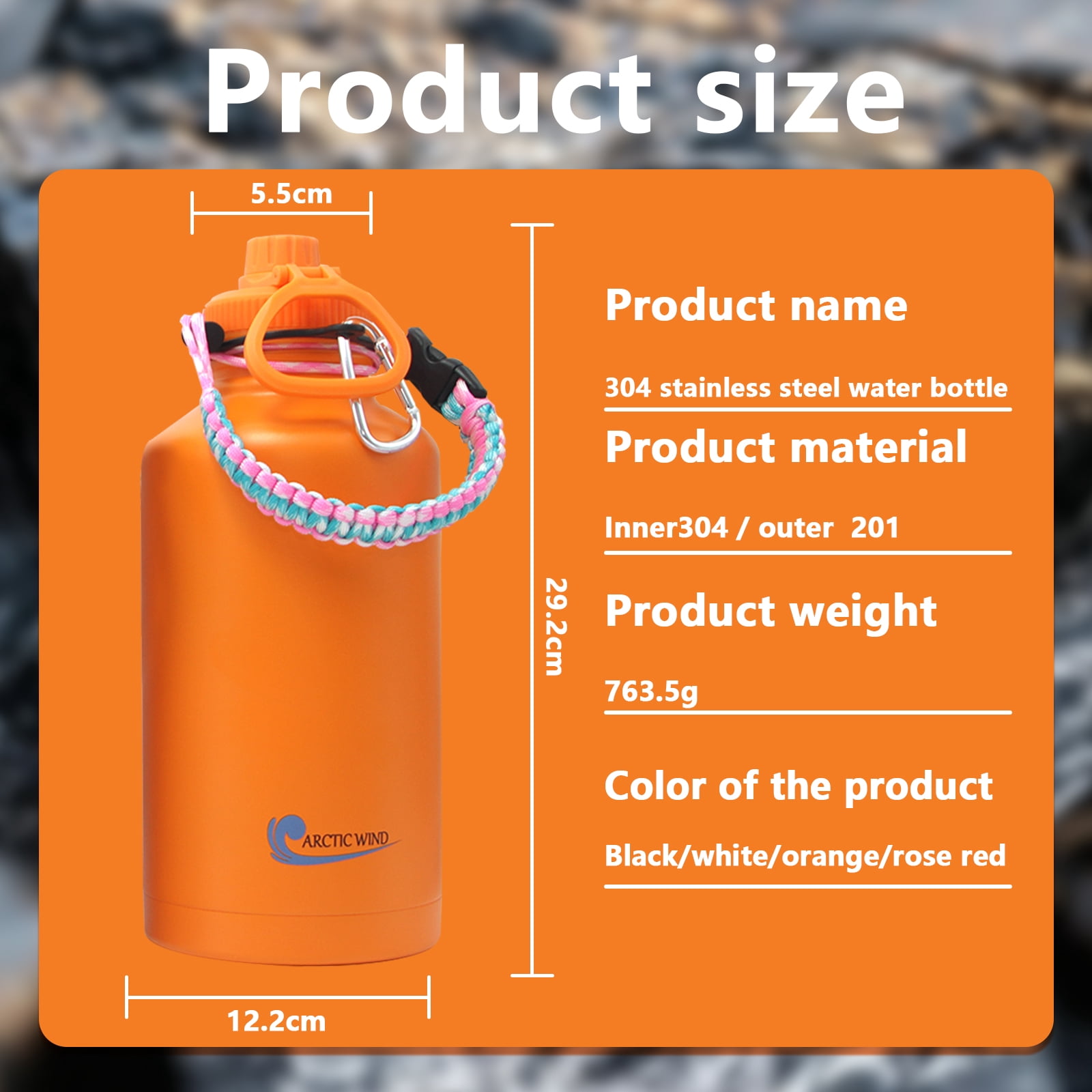 Arcticwind 64 oz Insulated Water Bottle, 304 Stainless Steel Leak Proof & BPA-Free, Half Gallon Water Bottle, Paracord Handle, 64oz Water Bottle Triple Wall Thermal Sweat-Proof Gallon Water Jug