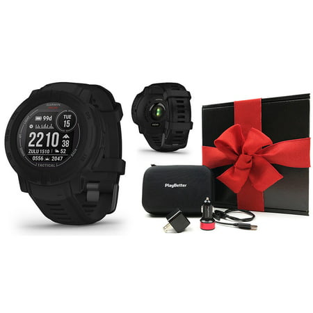Garmin Instinct 2 Solar Tactical Rugged GPS Smartwatch - Gift Box Bundle with Car Adapter, Wall Adapter, & Hard Case - Black