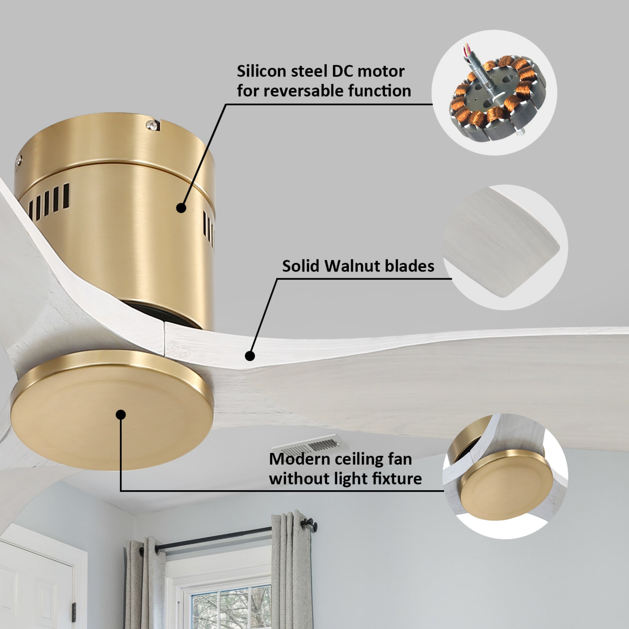 Sofucor 52 Inch Grey Gold Modern Flush Mount Indoor Outdoor Ceiling Fan with Remote Control