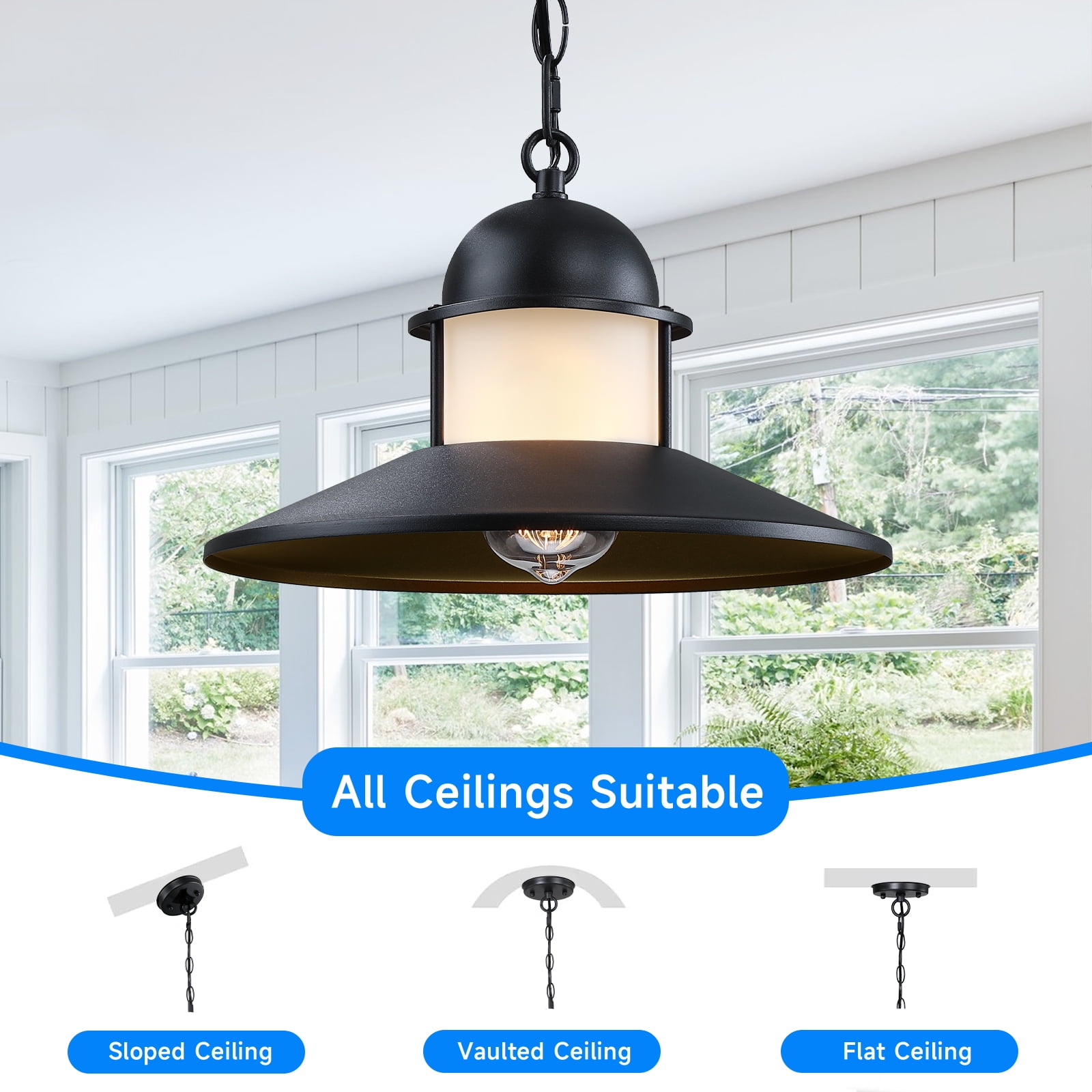 Outdoor Pendant Light 2 Pack, Modern Outside Chandelier Outdoor Hanging Lantern Light in Matte Black with Frosted Glass, Exterior Pendant Lighting Fixture Ceiling Mount for Porch Patio Gazebo