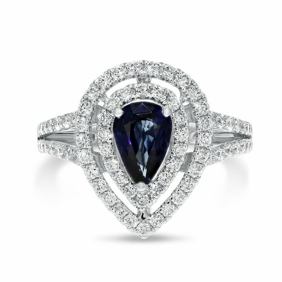 Pear Cut Sapphire Engagement Ring, Blue Sapphire Diamond Ring, Split Shank Diamond Ring, Double Halo Diamond Ring, September Birthstone Ring, 925 Sterling Silver, 1.8 Ct Simulated Sapphire