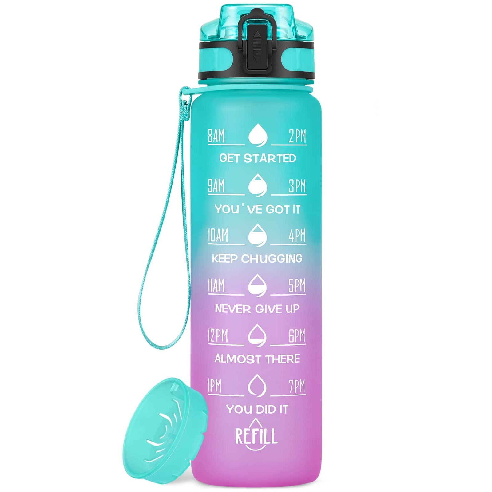 Mayim Motivational Water Bottle with Flip Straw Lid and Chug Lid, Time-Marker Sports Water Bottle, 32 Ounces, Fuchsia