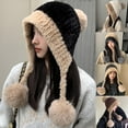 thumbnail image 2 of Xfvqtps Womens Beanie with Ear Flap Plush Brim Pompom Strap Color Blocking Cute Kawaii Fluffy Fuzzy Windproof Coldproof Warm Outdoor Winter Fluffy Plush Hat White, 2 of 5