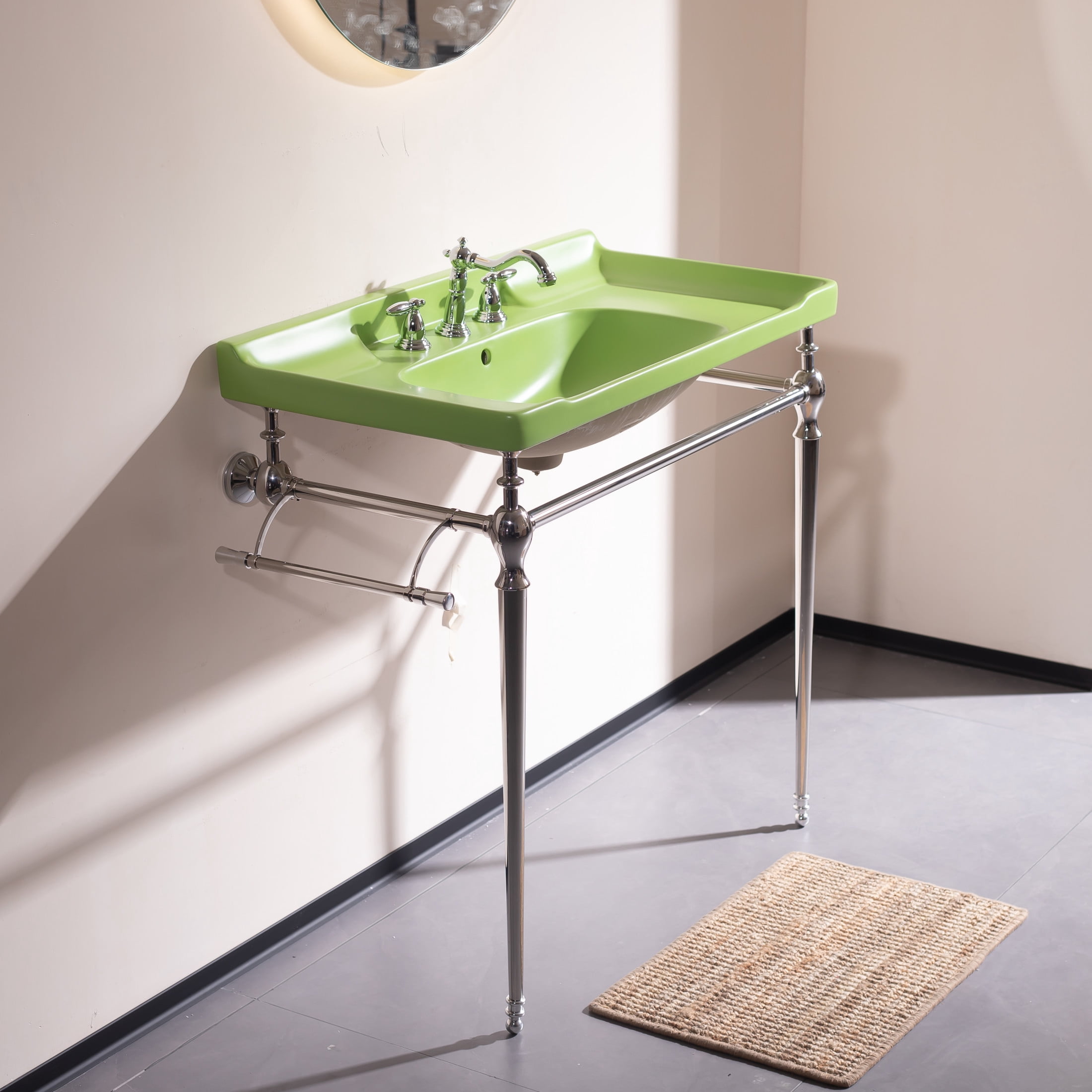 Noble House VICI 36" Bathroom Console Sink, Wall-Mounted Ceramic Basin Vanity with Stainless Steel Legs, Green & Chrome