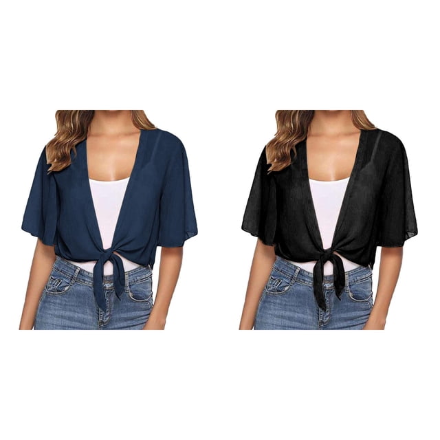 (Lot de 2) Kcodviy Cardigan en Mousseline pour Femmes à Nouer devant, Manches Courtes, Court, Cardigan en Mousseline Transparent, Boléro Cardigan, Grande Taille, Cardigans Courts pour Femmes, Chandail Extra Long