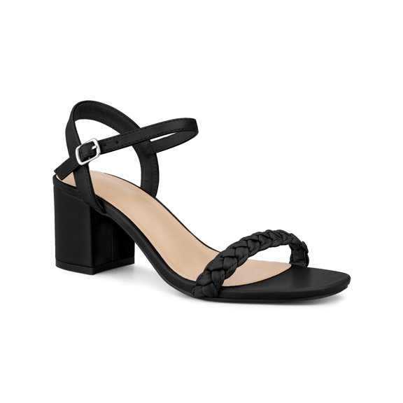 BLISSFUL STEP Women's Sandals Block Heels Slingback Buckle Woven Sandals Black 7