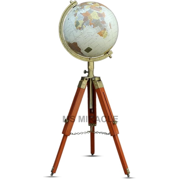 48 Inch Tall Antique World Globe with Wooden Tripod Stand – Vintage Nautical Educational Floor Standing Globe