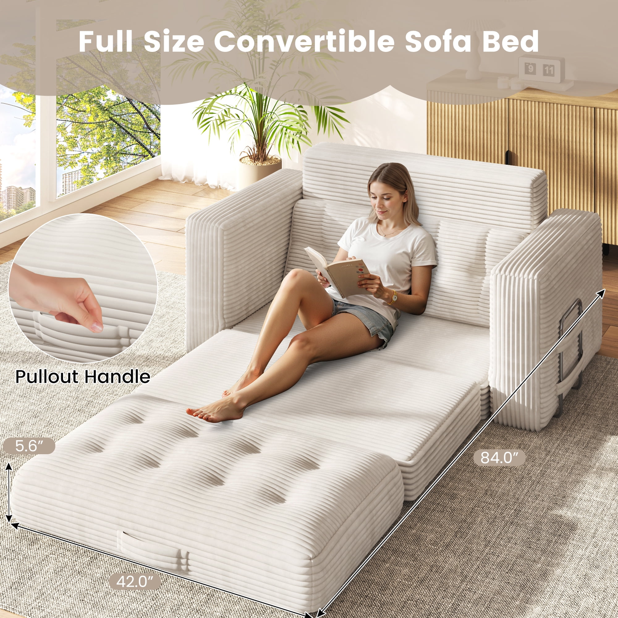 Erinnyees 2-in-1 Sleeper Sofa, No Assembly Corduroy Loveseat, Converts to Bed with Deep Seat & 2 Included Pillows