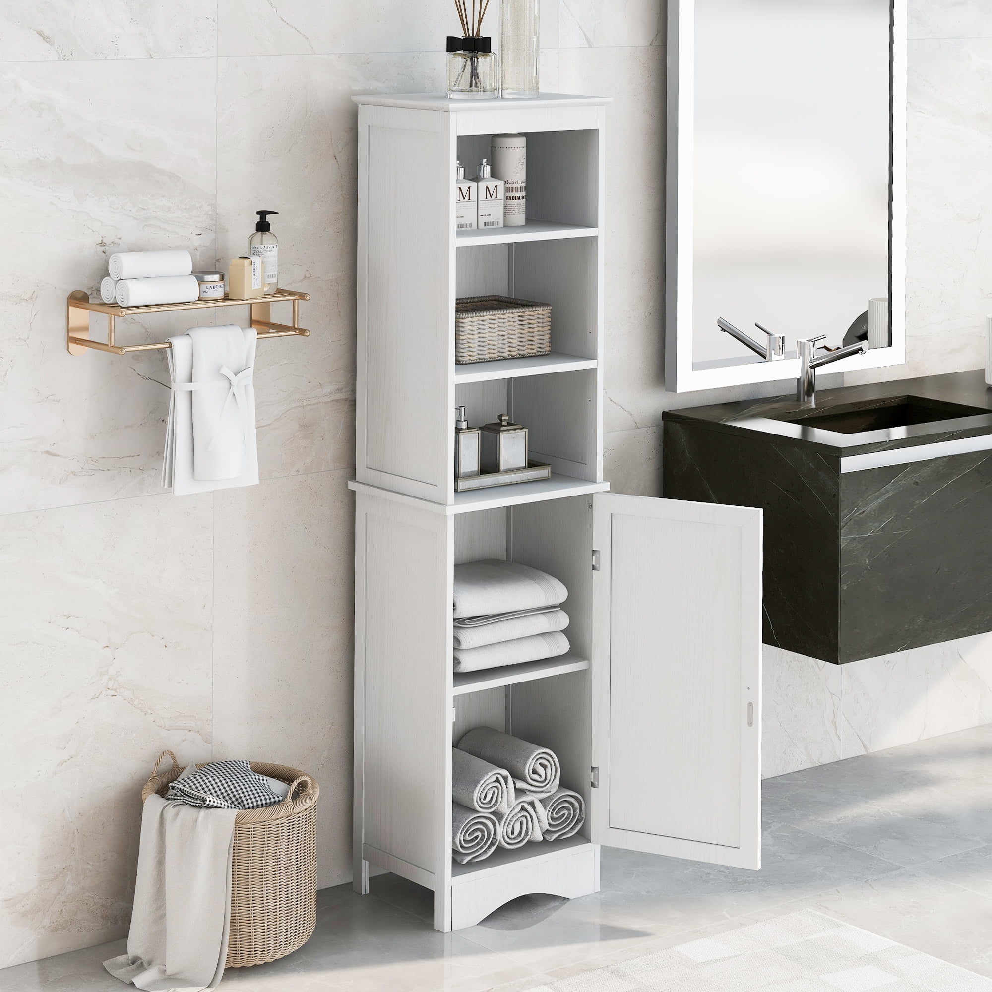 BTMWAY Floor Standing Bathroom White Tall Bath Storage