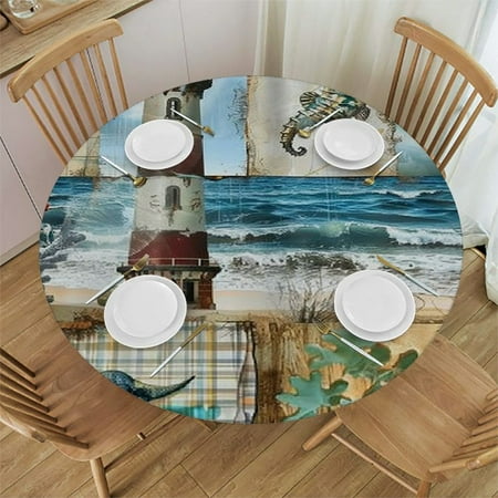

Orinice Seahorse Lighthouse Sea Life Round Table Cover Stain Resistant Washable Indoor Outdoor Tablecloth Kitchen Dining Wedding Parties 100% Polyester Fiber 46-50