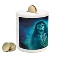 thumbnail image 2 of Halloween Piggy Bank, Gothic Dark Backdrop a Dead Ghost Skull Haunted Horror Themed Digital Art, Ceramic Coin Bank Money Box for Cash Saving, 3.6" X 3.2", Blue, by Ambesonne, 2 of 4