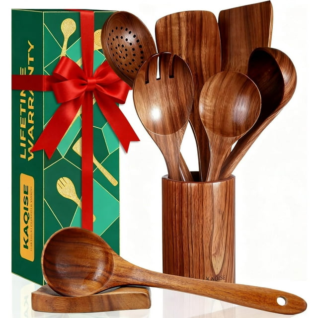 Premium Wooden Kitchen Utensil Set with Holder - 6-Piece Natural Teak Wood Cooking Tools for Non-Stick Pans, Heat Resistant, Eco-Friendly, Includes Spoon Rest, Perfect for Everyday Cooking & Gifting