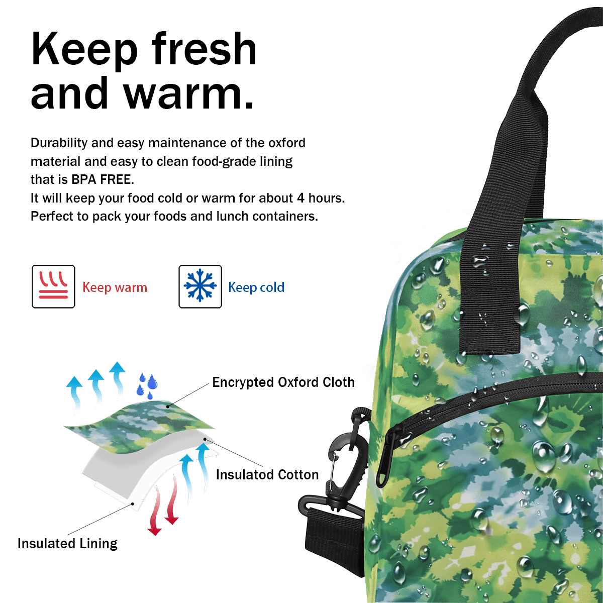 Herdesigns Tie Dye Green Insulated Lunch Bag for Women Men Adults Large Reusable Lunch Box Leakproof Portable Cooler Tote Bags with Adjustable Shoulder Strap