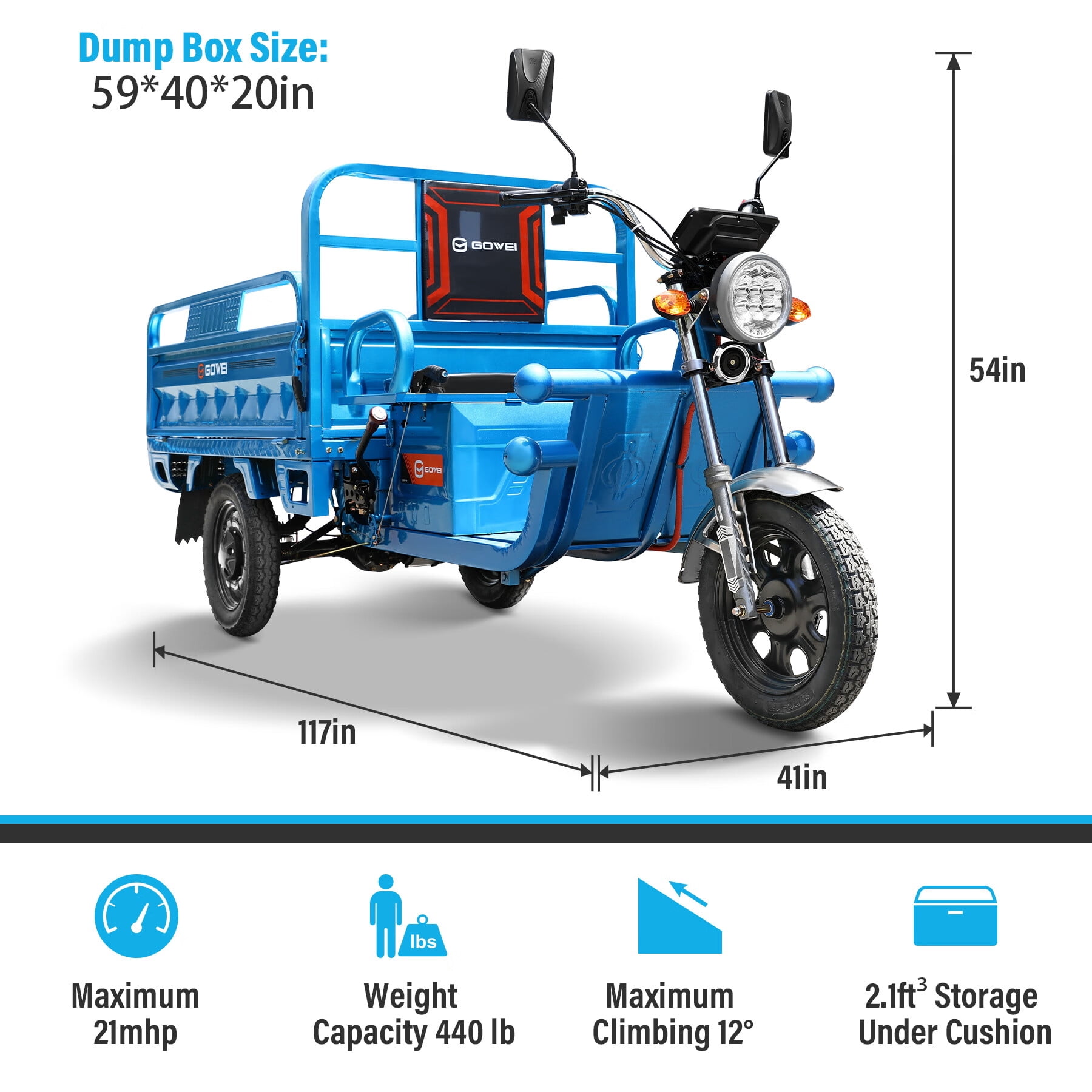 Oryxearth 1000W 60V 3-Wheel Electric Vehicle, 32Ah Auto Electric Minibike, up to 21 Mph