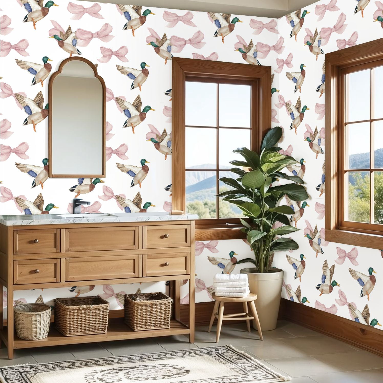 Peel and Stick Wallpaper Mallard Ducks Pink Bows Watercolor Soft Pastel Tones Wall Mural 23.6in x 9.8ft Self Adhesive Removable Wall Paper Renter Friendly Wallpaper for Nursery Bedroom Cabinets