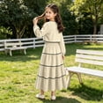 thumbnail image 5 of ZACPNCV Girls Elegant 2 Piece Skirt Set Long Sleeve V Neck Bow Front Top and Tiered Long Skirt Set Casual Spring Girls Suit 7-8Years Beige, 5 of 9
