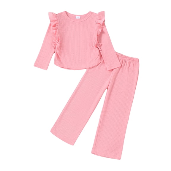 Yaoqi 7T Big Girl Outfit Set 8T Child Girls Winter Clothes Ruffle Long Sleeves Solid Color Top Wide Leg Pants 2pcs Clothing Pink