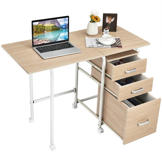 Giantex Folding Computer Study Desk, Home Office Desk w/Smooth Wheels & Large Drawers, Mobile Laptop Desk Writing Table (Natural)