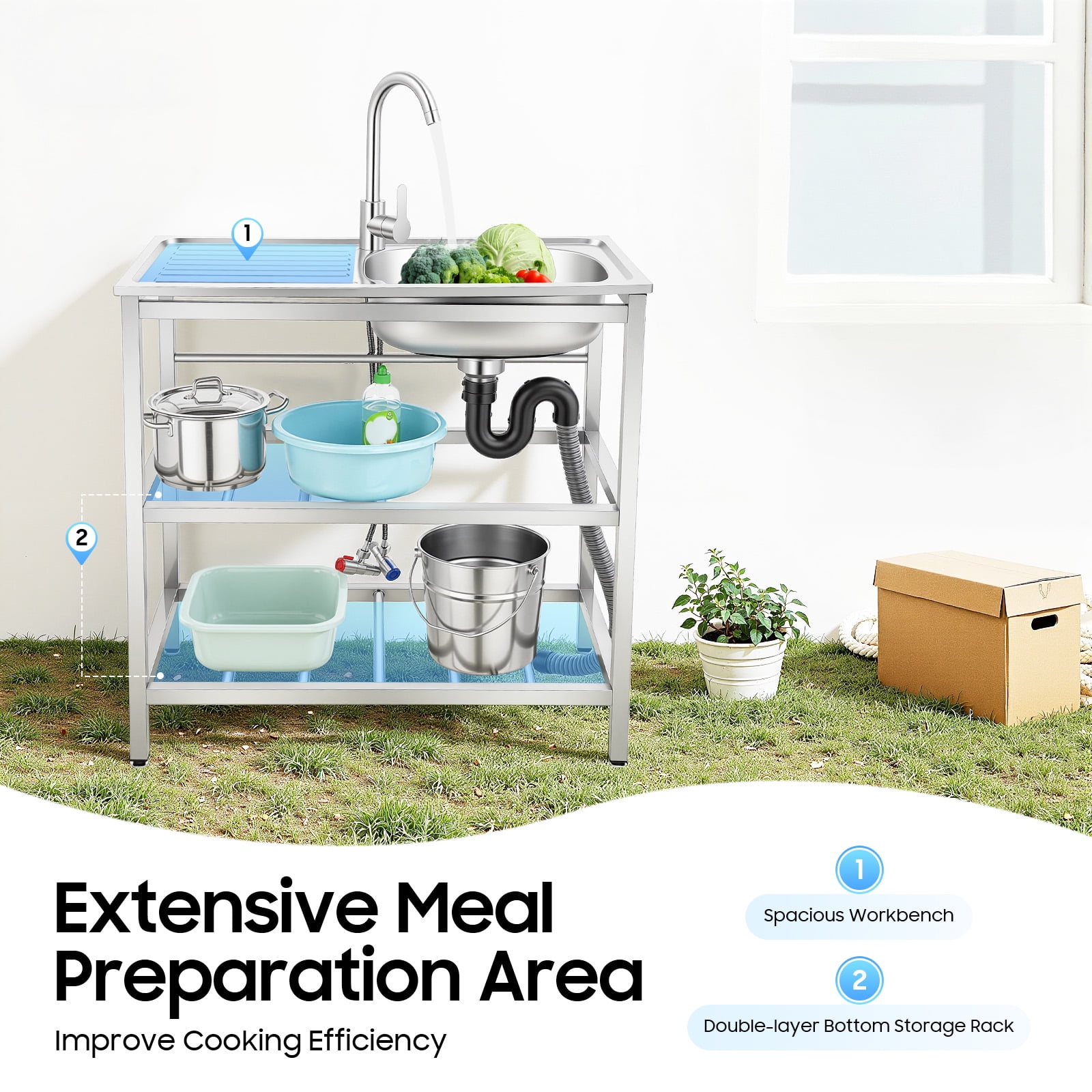 ChicHomey Freestanding Outdoor Kitchen Utility Sink, Stainless Steel Sink with Faucet,with Cleaning Table&Storage Shelves, for Backyard Garden Kitchen