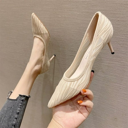 

Women‘s Lace Pointed Toe High Heels Sexy Solid Color Stiletto Mid Heels Breathable Slip On Pumps