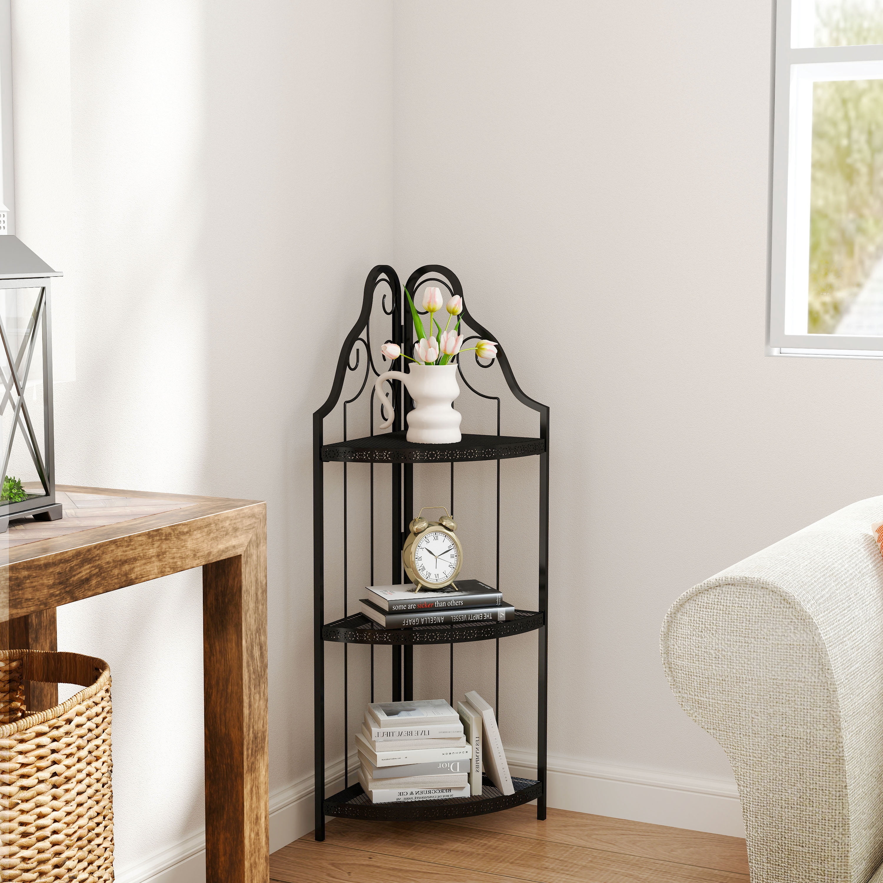 Mintazer 3-Tier Corner Bookcase with Vintage Scroll Design, 40.9" Open Storage Rack for Living Room & Bathroom, Black