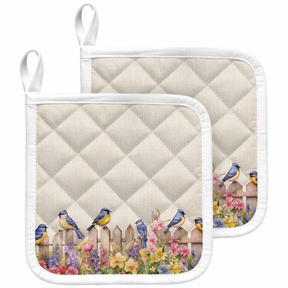 Spring Floral Pot Holders for Kitchen Heatproof Potholder, 2 Pack Summer Birds Botanical Fence Rustic Hot Pads Multipurpose Oven Pads Cloth Potholders Trivet for Cooking and Baking