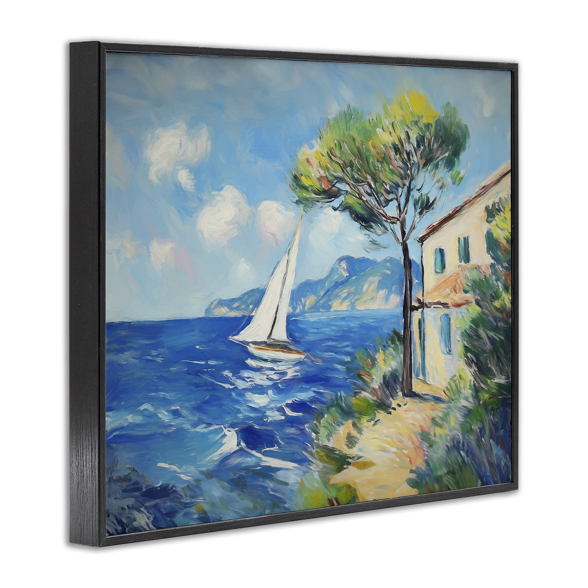 Stupell Industries Sailboat & Beach Villa Coastal Painting Black Framed Art Print Wall Art, 20 x 16