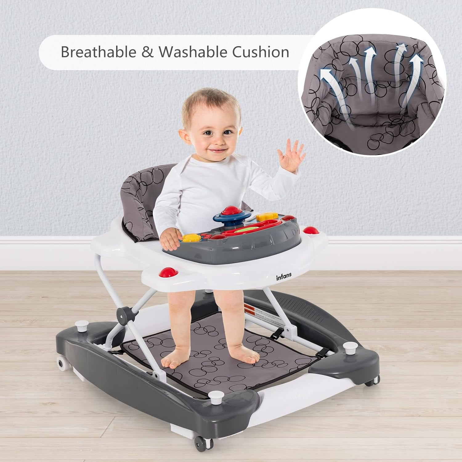 INFANS Baby Walker, 6 in 1 Behind Walker Learning Seated Rocker Bouncer with Removable Music Tray, Adjustable Height and Speed, Washable Seat Cushion, Foldable Activity Center for Toddlers